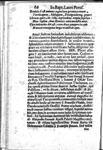 Theatri Romani orchestra Io. Baptistae Lauri Perusini dialogus de viris sui aeui doctrina illustribus Romae 1618. Opera & industria Iusti Riquii Belgae in lucem editus