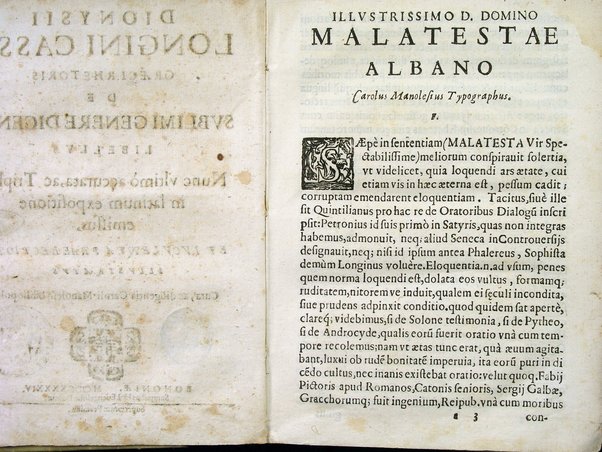 Dionysij Longini Cassij Graeci rhetoris De sublimi genere dicendi libellus nunc vltimò accurata, ac triplici in latinum expositione emissus, et luculenta praelectione illustratus cura, ac diligentia Caroli Manolesij bibliopolae