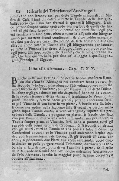 Pratica, e scalcaria d'Antonio Frugoli lucchese, intitolata pianta di delicati frutti da seruirsi à qualsiuoglia mensa di prencipi ... con molti auuertimenti circa all'honorato officio di scalco, con le liste di tutti i mesi dell'anno, compartite nelle quattro stagioni. Con vn trattato dell'inuentori delle viuande, e beuande, così antiche, come moderne, nouamente ritrouato, e tradotto di lingua armenia in italiana. Con le qualità, e stagioni di tutti li cibi da grasso, e da magro, e lor cucina di viuande diuerse