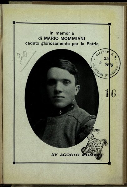 In memoria di Mario Mommiani caduto gloriosamente per la patria : 16. agosto 1915