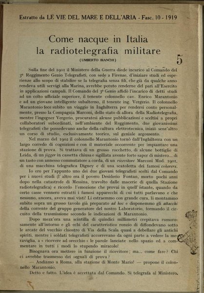 Come nacque in Italia la radiotelegrafia militare / Umberto Bianchi