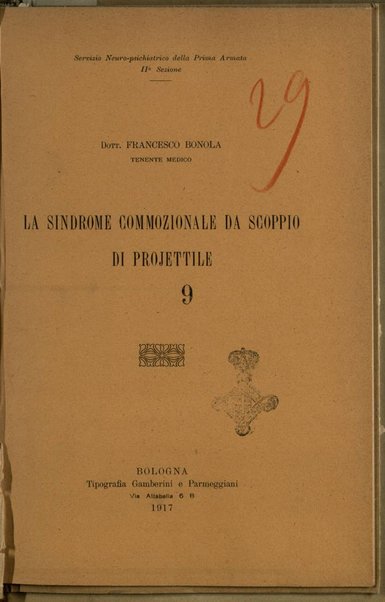 La sindrome commozionale da scoppio di projettile / Francesco Bonola