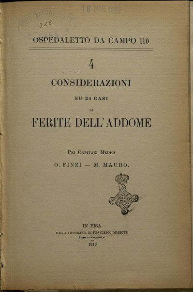 Considerazioni su 24 casi di ferite dell'addome / O. Finzi, M. Mauro