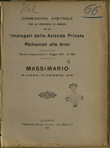 Decreto luogotenenziale 1. maggio 1916, n. 490 : massimario giugno-dicembre 1916