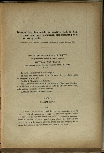 Decreto luogotenenziale 30 maggio 1916, n. 645, concernente provvedimenti straordinari per il lavoro agricolo / Ministero di agricoltura, industria e commercio