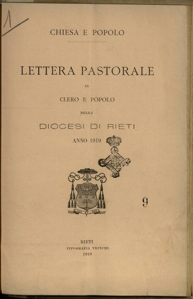 Lettera pastorale al clero e popolo della diocesi di Rieti : anno 1919 / [Francesco Sidoli]