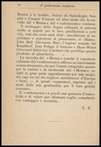 Il Gastronomo moderno : vademecum ad uso degli albergatori, cuochi, segretari e personale d'albergo, corredato da 250 menus originali e moderni e da un dizionario di cucina contenente oltre 4000 traduzioni ed annotazioni sul significato e l'etimologia dei termini più in uso nel gergo di cucina francese