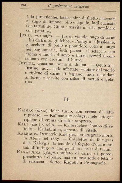 Il Gastronomo moderno : vademecum ad uso degli albergatori, cuochi, segretari e personale d'albergo, corredato da 250 menus originali e moderni e da un dizionario di cucina contenente oltre 4000 traduzioni ed annotazioni sul significato e l'etimologia dei termini più in uso nel gergo di cucina francese
