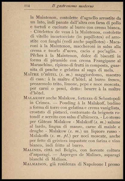 Il Gastronomo moderno : vademecum ad uso degli albergatori, cuochi, segretari e personale d'albergo, corredato da 250 menus originali e moderni e da un dizionario di cucina contenente oltre 4000 traduzioni ed annotazioni sul significato e l'etimologia dei termini più in uso nel gergo di cucina francese