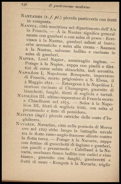 Il Gastronomo moderno : vademecum ad uso degli albergatori, cuochi, segretari e personale d'albergo, corredato da 250 menus originali e moderni e da un dizionario di cucina contenente oltre 4000 traduzioni ed annotazioni sul significato e l'etimologia dei termini più in uso nel gergo di cucina francese