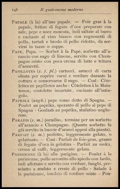 Il Gastronomo moderno : vademecum ad uso degli albergatori, cuochi, segretari e personale d'albergo, corredato da 250 menus originali e moderni e da un dizionario di cucina contenente oltre 4000 traduzioni ed annotazioni sul significato e l'etimologia dei termini più in uso nel gergo di cucina francese