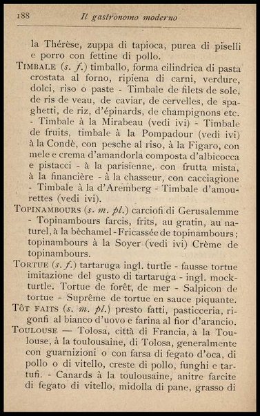 Il Gastronomo moderno : vademecum ad uso degli albergatori, cuochi, segretari e personale d'albergo, corredato da 250 menus originali e moderni e da un dizionario di cucina contenente oltre 4000 traduzioni ed annotazioni sul significato e l'etimologia dei termini più in uso nel gergo di cucina francese