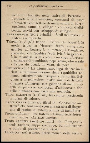 Il Gastronomo moderno : vademecum ad uso degli albergatori, cuochi, segretari e personale d'albergo, corredato da 250 menus originali e moderni e da un dizionario di cucina contenente oltre 4000 traduzioni ed annotazioni sul significato e l'etimologia dei termini più in uso nel gergo di cucina francese