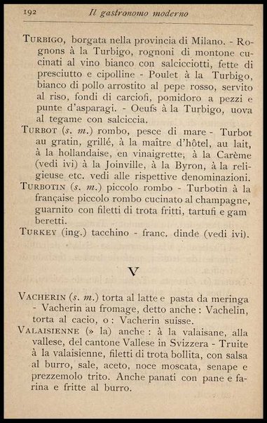 Il Gastronomo moderno : vademecum ad uso degli albergatori, cuochi, segretari e personale d'albergo, corredato da 250 menus originali e moderni e da un dizionario di cucina contenente oltre 4000 traduzioni ed annotazioni sul significato e l'etimologia dei termini più in uso nel gergo di cucina francese