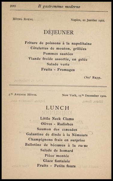 Il Gastronomo moderno : vademecum ad uso degli albergatori, cuochi, segretari e personale d'albergo, corredato da 250 menus originali e moderni e da un dizionario di cucina contenente oltre 4000 traduzioni ed annotazioni sul significato e l'etimologia dei termini più in uso nel gergo di cucina francese