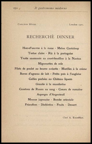 Il Gastronomo moderno : vademecum ad uso degli albergatori, cuochi, segretari e personale d'albergo, corredato da 250 menus originali e moderni e da un dizionario di cucina contenente oltre 4000 traduzioni ed annotazioni sul significato e l'etimologia dei termini più in uso nel gergo di cucina francese