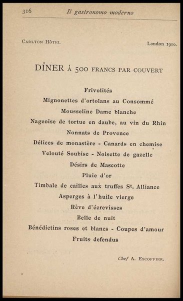 Il Gastronomo moderno : vademecum ad uso degli albergatori, cuochi, segretari e personale d'albergo, corredato da 250 menus originali e moderni e da un dizionario di cucina contenente oltre 4000 traduzioni ed annotazioni sul significato e l'etimologia dei termini più in uso nel gergo di cucina francese