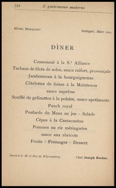 Il Gastronomo moderno : vademecum ad uso degli albergatori, cuochi, segretari e personale d'albergo, corredato da 250 menus originali e moderni e da un dizionario di cucina contenente oltre 4000 traduzioni ed annotazioni sul significato e l'etimologia dei termini più in uso nel gergo di cucina francese