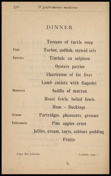 Il Gastronomo moderno : vademecum ad uso degli albergatori, cuochi, segretari e personale d'albergo, corredato da 250 menus originali e moderni e da un dizionario di cucina contenente oltre 4000 traduzioni ed annotazioni sul significato e l'etimologia dei termini più in uso nel gergo di cucina francese