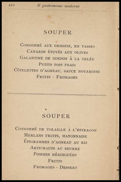 Il Gastronomo moderno : vademecum ad uso degli albergatori, cuochi, segretari e personale d'albergo, corredato da 250 menus originali e moderni e da un dizionario di cucina contenente oltre 4000 traduzioni ed annotazioni sul significato e l'etimologia dei termini più in uso nel gergo di cucina francese