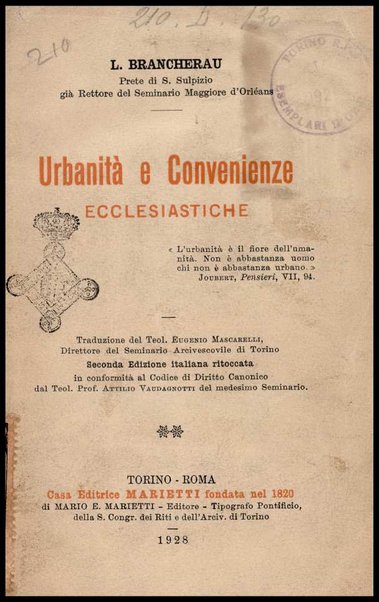 Urbanità e convenienze ecclesiastiche / L. Brancherau ; traduzione del teol. Eugenio Mascarelli