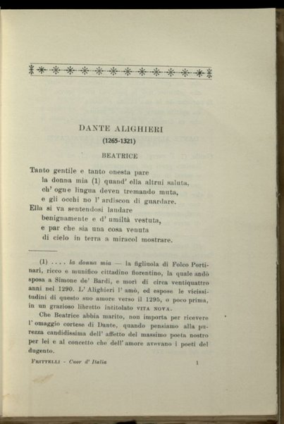 Cuor d'Italia : scelta di poesie, da Dante Alighieri a Goffredo Mameli : annotate per uso delle scuole medie inferiori / da Ugo Frittelli