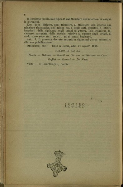 Disposizioni a favore degli orfani di guerra, approvato con decreto luogotenenziale 6 agosto 1916, n.968, e relativo regolamento in data 27 agosto 1916, n.1251