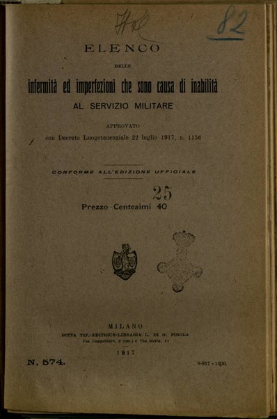 Elenco delle infermità ed imperfezioni che sono causa di inabilità al servizio militare : approvato con decreto luogotenenziale 22 Luglio 1917, n. 1156