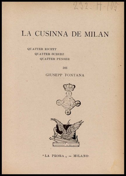 La cusinna de Milan : quatter ricett, quatter scherz, quatter penser / de G. F. ; prefazione di Francesco Ferrari