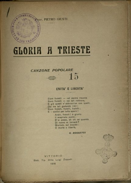 Gloria a Trieste : canzone popolare / Pietro Giusti