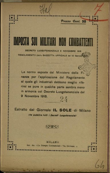 Imposta sui militari non combattenti : D. L. 9 novembre 1916. Regolamento (dalla Gazzetta ufficiale del 12 gennaio 1917)