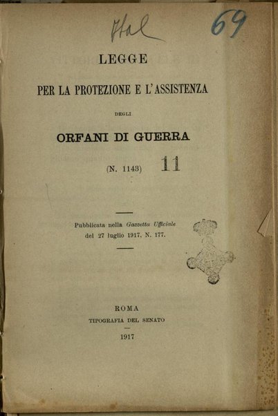 Legge per la protezione e l'assistenza degli orfani di guerra, n. 1143