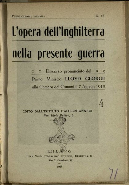 L'opera dell'Inghilterra nella presente guerra : discorso pronunziato dal primo ministro Lloyd George alla camera dei comuni il 7 agosto 1918