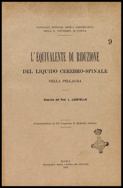 L'equivalente di riduzione del liquido cerebro-spinale nella pellagra : Ricerche. Comunicazione al XII Congresso di medicina interna