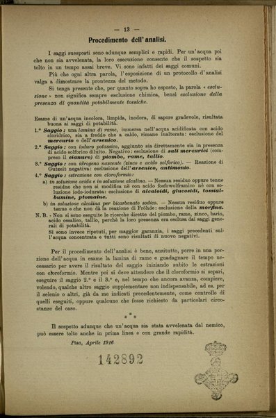 Contributo alla tossicologia di guerra : avvelenamento delle acque / Gilberto Mei Gentilucci