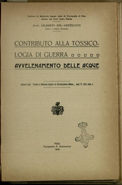 Contributo alla tossicologia di guerra : avvelenamento delle acque / Gilberto Mei Gentilucci