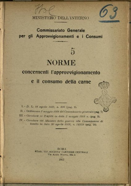 Norme concernenti l'approvvigionamento e il consumo della carne / Ministero dell'interno, Commissariato generale per gli approvvigionamenti e i consumi