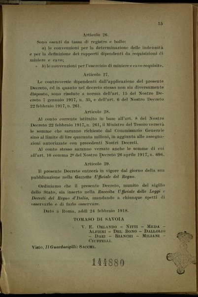 Provvedimenti per i combustibili nazionali : decreto luogotenenziale 24 febbraio 1918, n. 284