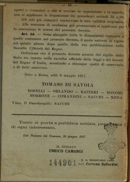 Reati contro i provvedimenti sui consumi : decreto luogotenenziale 6 Maggio 1917, n. 740, recante provvedimenti per i reati concernenti il censimento, la precettazione e la requisizione, la produzione e il commercio di cose di comune o Largo consumo e di generi alimentari (Gazzetta uff., 15 maggio 1917, n.114)