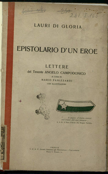 Lauri di gloria : epistolario d'un eroe / lettere del tenente Angelo Campodonico ; a cura di Mario Panizzardi