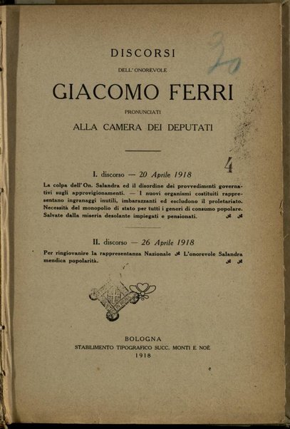 Discorsi dell'onorevole Giacomo Ferri pronunciati alla Camera dei deputati