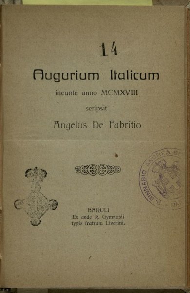 Augurium Italicum, ineunte anno 1918 / scripsit Angelus De fabritio