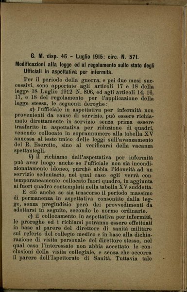 Accertamenti sanitari per gli ufficiali del Regio Esercito in servizio permanente e delle categorie in congedo : principali d. l. e circolari ministeriali : (gennaio 1915 - agosto 1918)