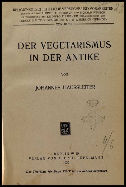 Der Vegetarismus in der Antike / von Johannes Haussleiter