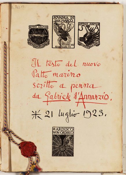 Il testo del nuovo Patto marino scritto a penna da Gabriele d'Annunzio