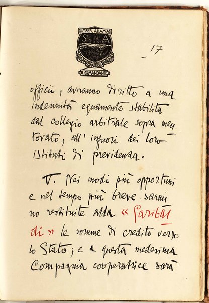 Il testo del nuovo Patto marino scritto a penna da Gabriele d'Annunzio