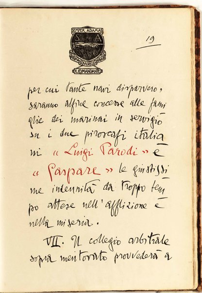 Il testo del nuovo Patto marino scritto a penna da Gabriele d'Annunzio