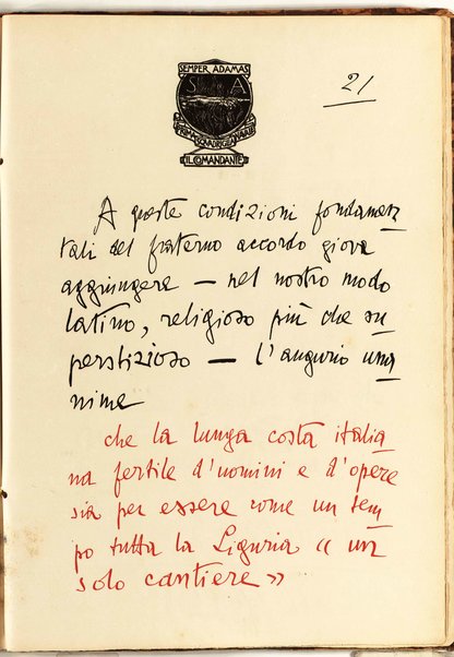 Il testo del nuovo Patto marino scritto a penna da Gabriele d'Annunzio