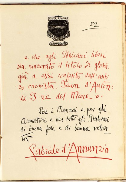 Il testo del nuovo Patto marino scritto a penna da Gabriele d'Annunzio