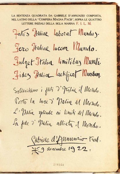 Il testo del nuovo Patto marino scritto a penna da Gabriele d'Annunzio